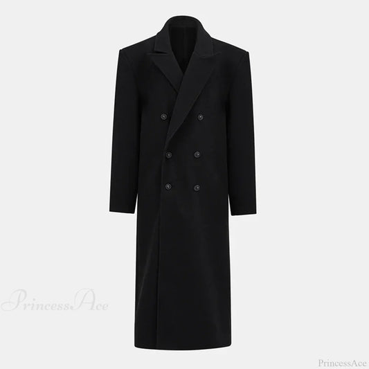 Lapel Woolen Double-Breasted Shoulder Pad Overcoat Black / S