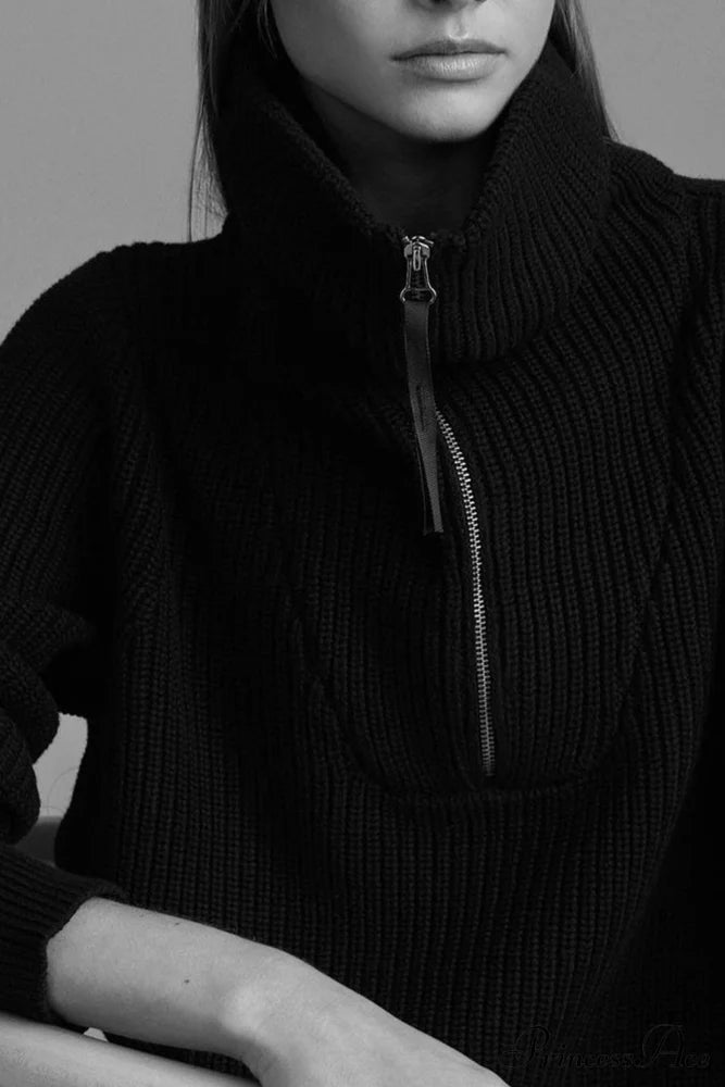 Lapel Zipper Sweater Black / S Sweaters-L