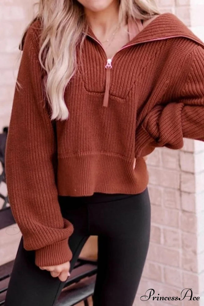 Lapel Zipper Sweater Brown / L Sweaters-L