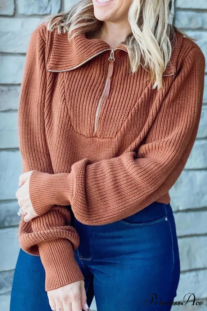 Lapel Zipper Sweater Brown / S Sweaters-L