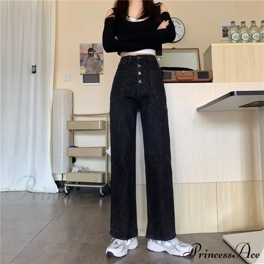 Large Fat Mm Loose Draping Irregular Button Straight Leg Long Trendy Jean Black / S