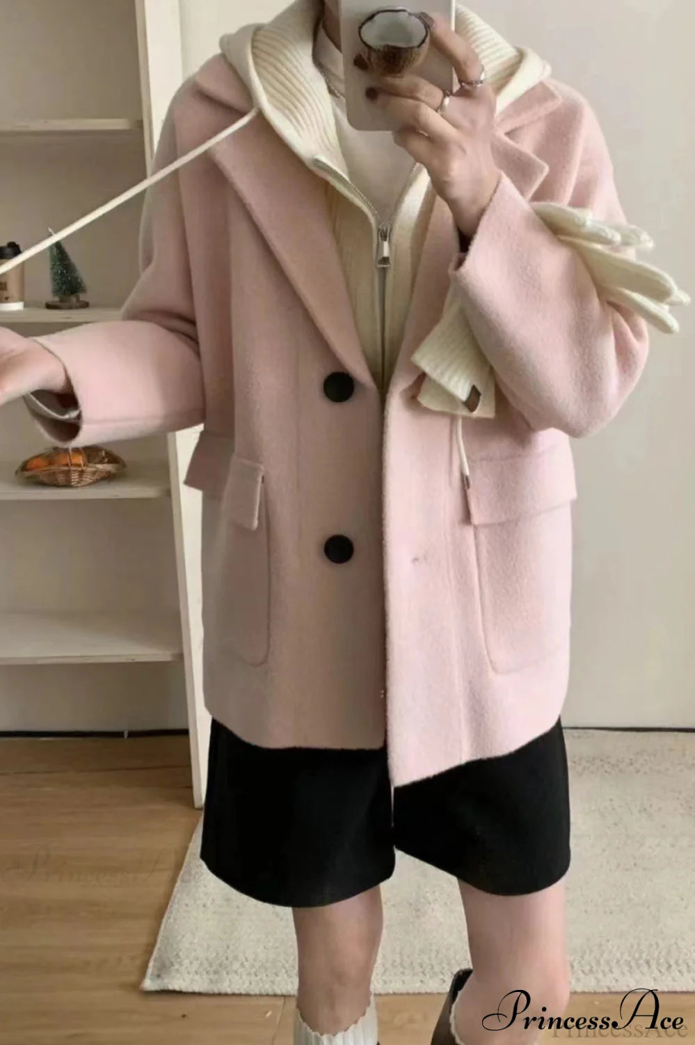 Layered-Look Wool Blend Loose Slim-Fit Knit Cardigan Coat