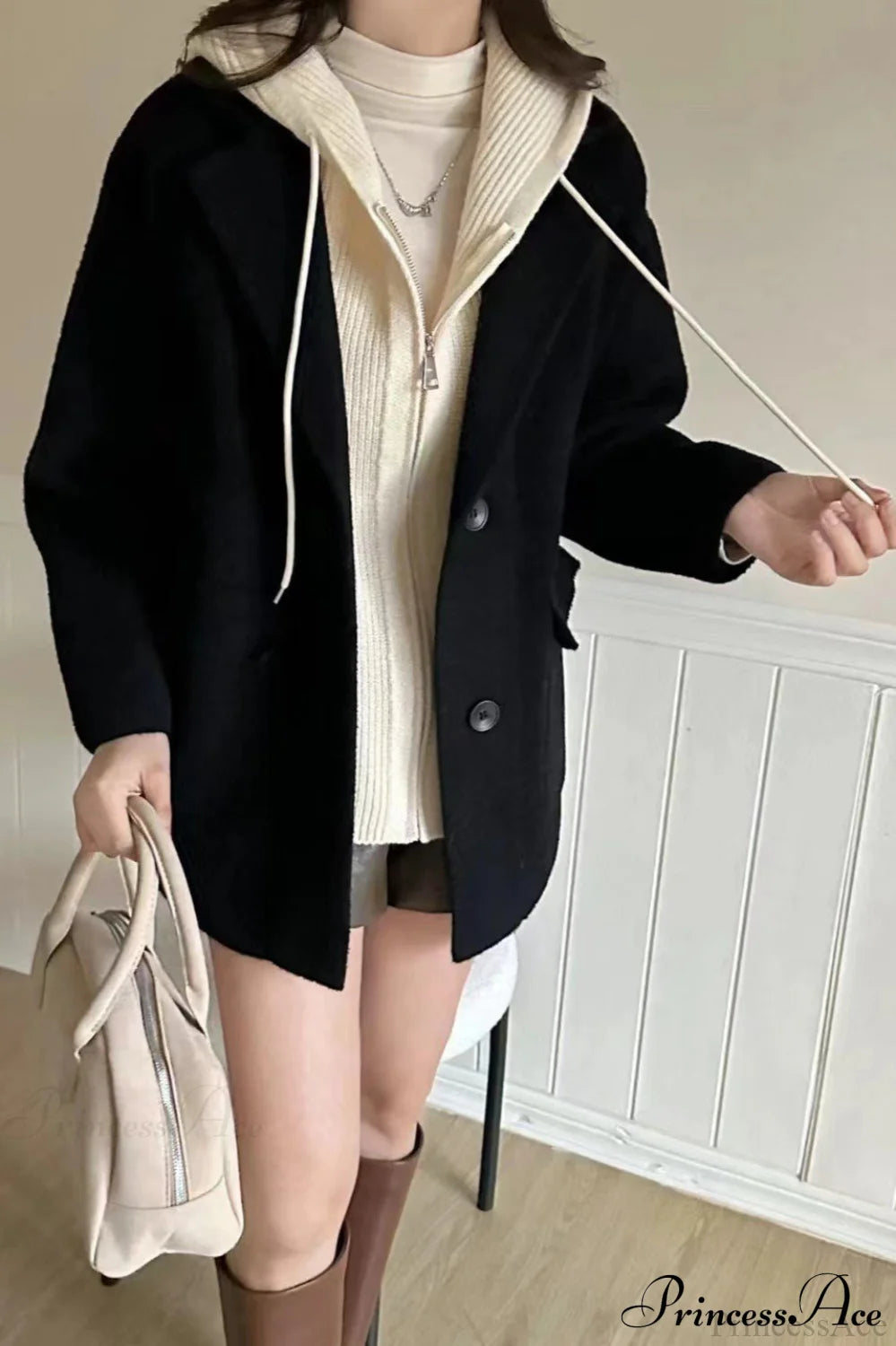 Layered-Look Wool Blend Loose Slim-Fit Knit Cardigan Coat Black / One Size