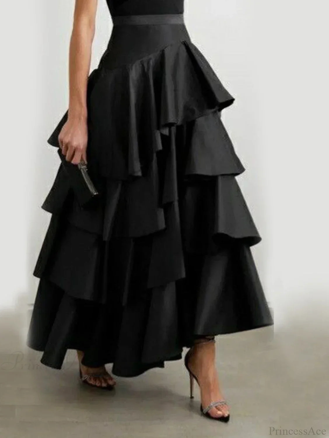 Layered Ruffle Maxi Cake Skirt Black / M / CHINA