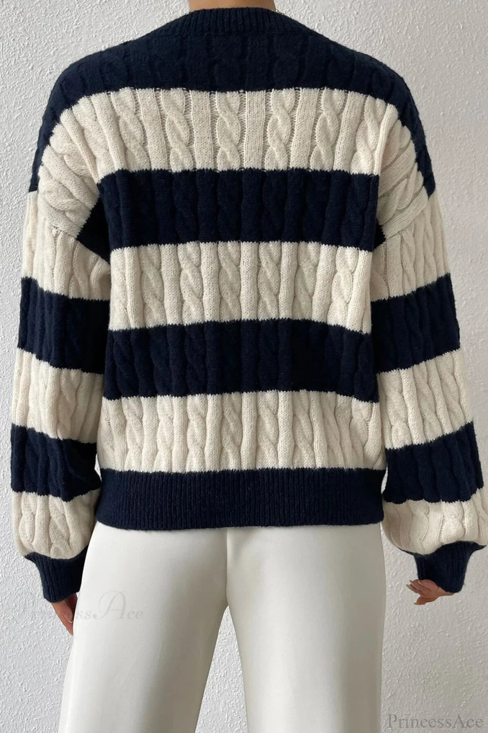 Lazy Loose V-neck Cable Knit Colorblock Stripe Sweater
