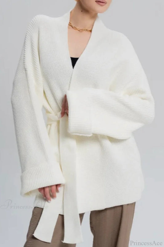 Lazy-Style Oversized Belted Knit Cardigan White / One Size