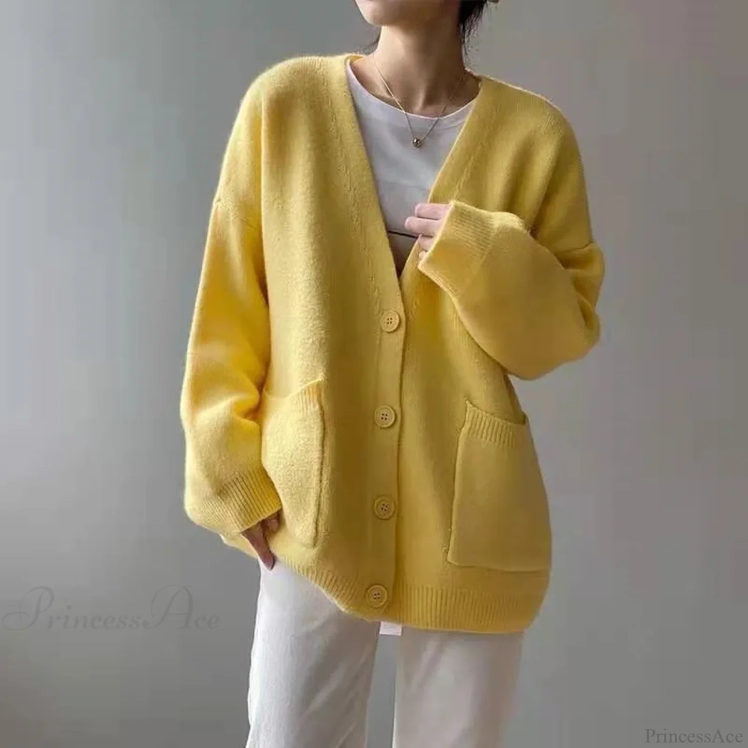 Lazy Wind Yellow Single-Breasted Knit Cardigan Yellow / One Size cardiagn-250126