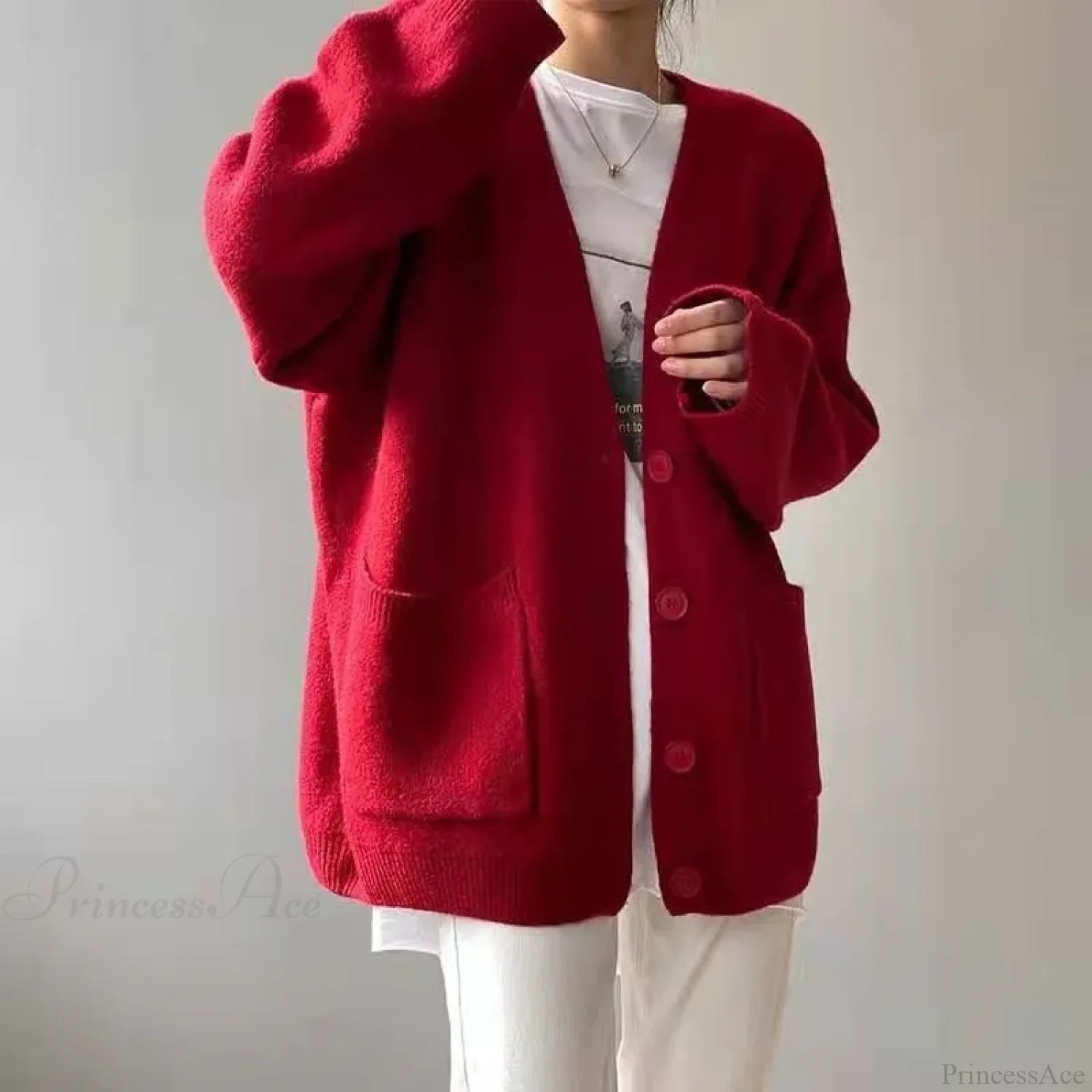 Lazy Wind Yellow Single-Breasted Knit Cardigan Red / One Size cardiagn-250126