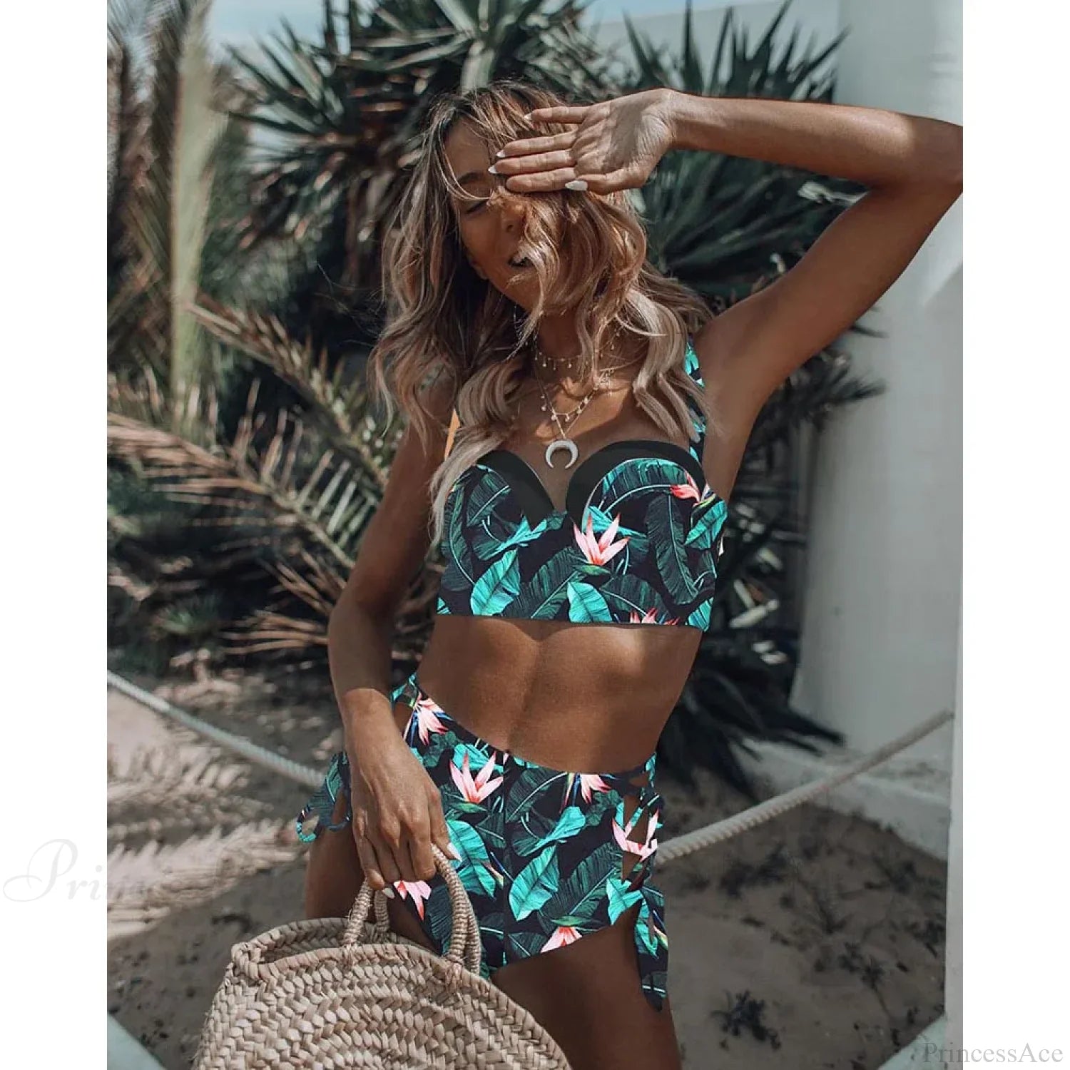 Leaf Print Halter Retro Two Piece Set