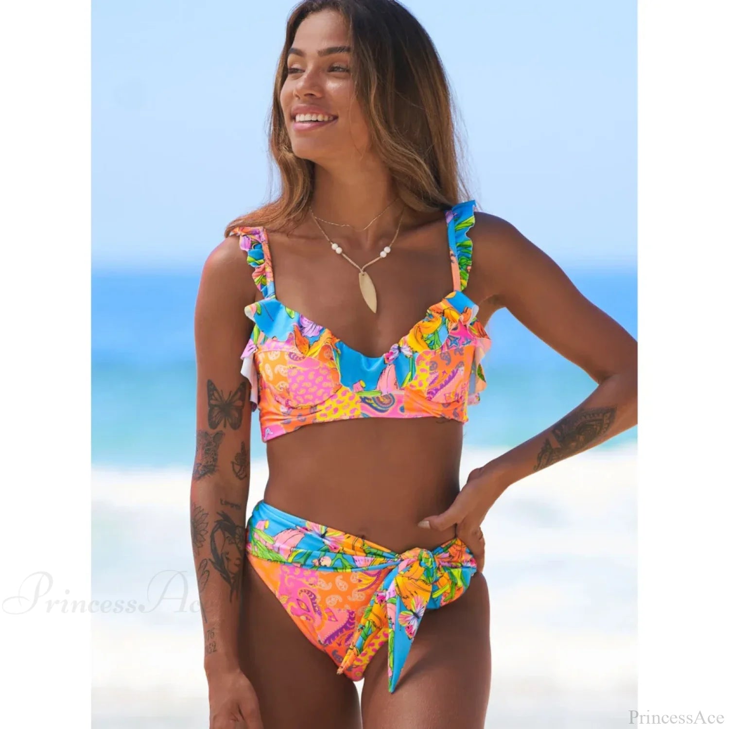 Leaf Print Halter Retro Two Piece Set color9 / S