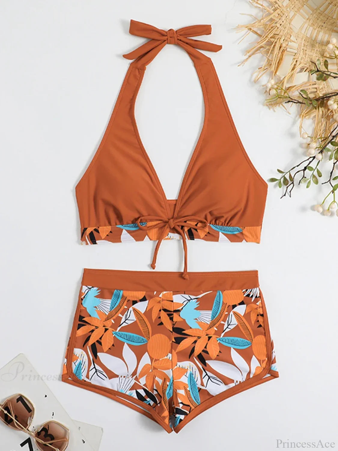 Leaf Print Knot Front Halter Two Piece Set Brown / S