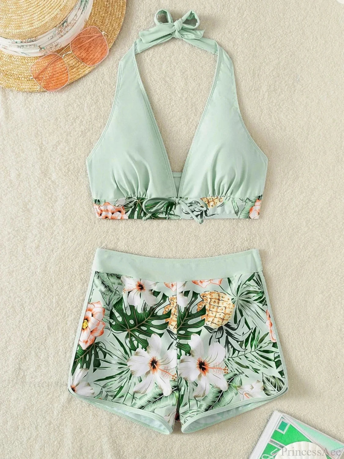 Leaf Print Knot Front Halter Two Piece Set Light Green / S