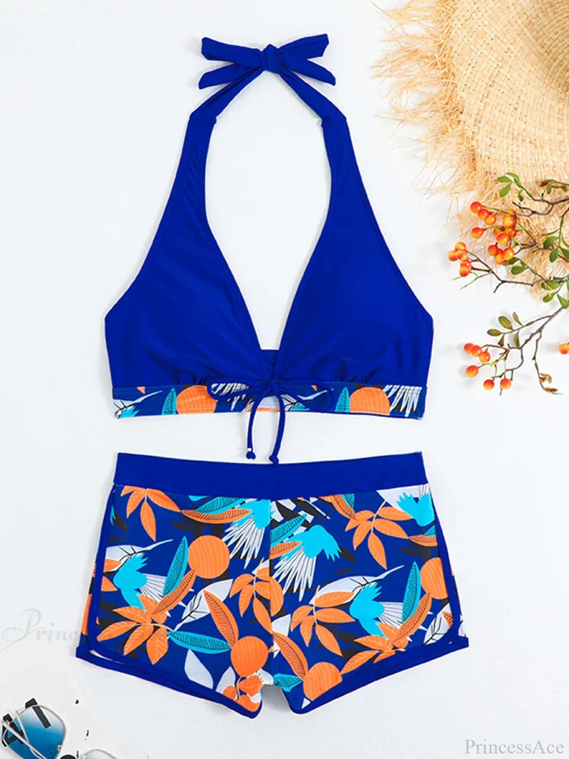 Leaf Print Knot Front Halter Two Piece Set Sapphire Blue / S