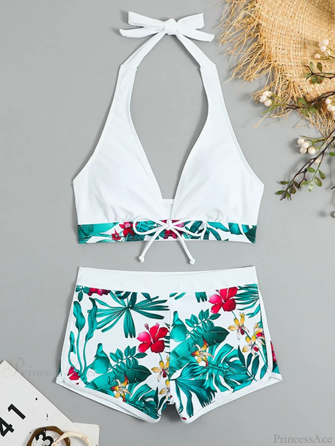 Leaf Print Knot Front Halter Two Piece Set white / S