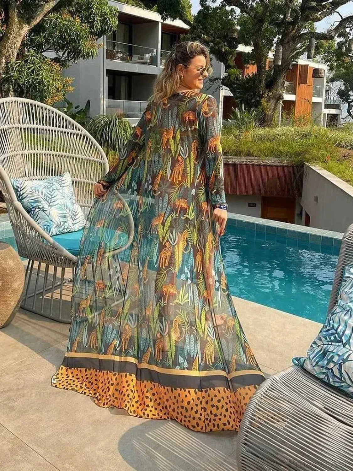 Leaf Print Mesh Beach Cover Up Green / One Size