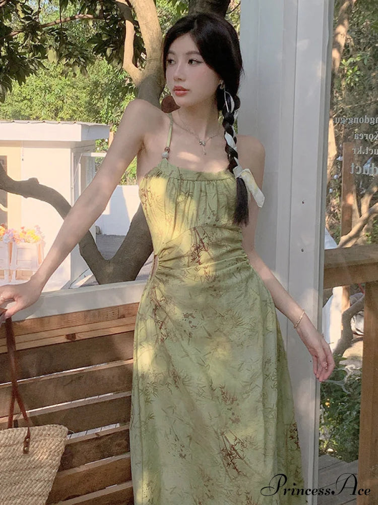 Leaf Print Ruched Maxi A-Line Dress With Spaghetti Straps Green Print Dress