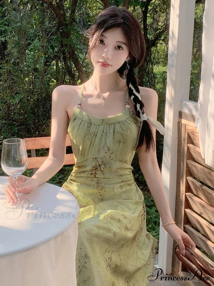 Leaf Print Ruched Maxi A-Line Dress With Spaghetti Straps Green Print Dress