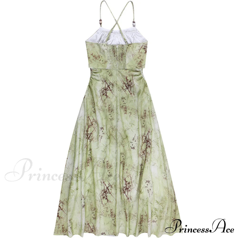 Leaf Print Ruched Maxi A-Line Dress With Spaghetti Straps Green Print Dress