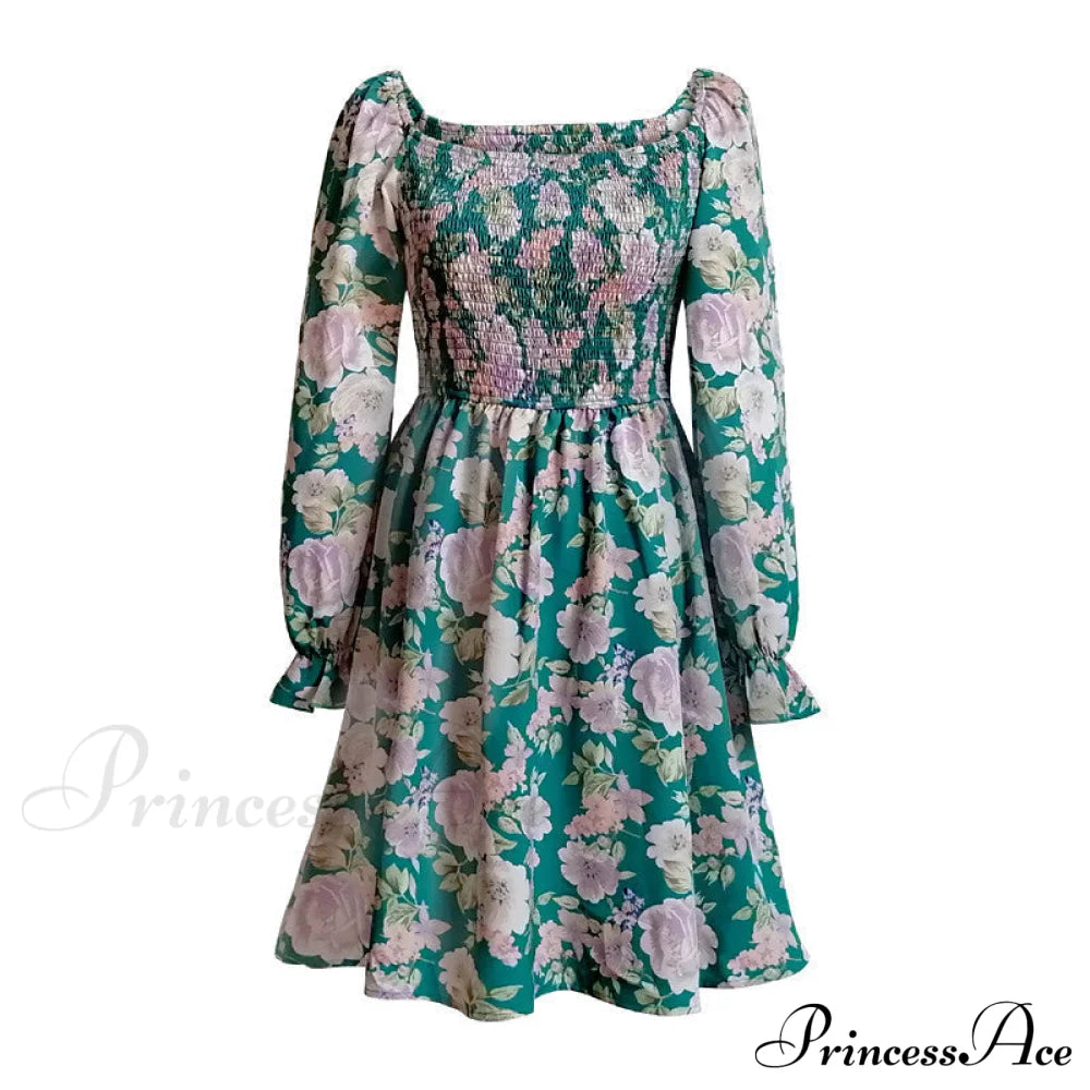 Leaf Print Sleeveless Midi Dress M / Blue Dresses