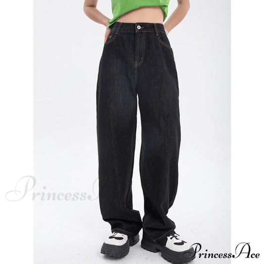 Leg High For Vintage Black Jean Straight Pants Trouser Wide Waist Denim - Women