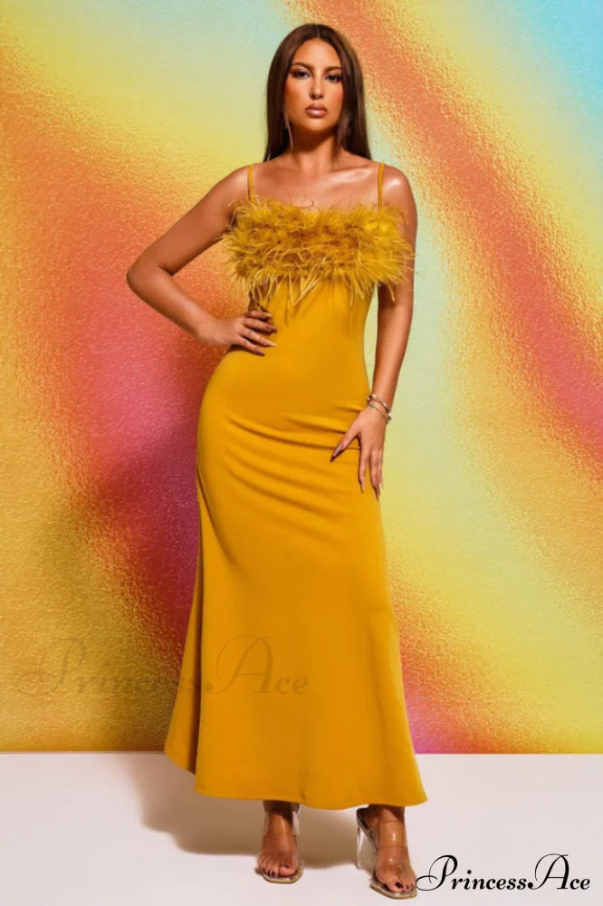 Leighton Yellow Stylish Feather Maxi Dress