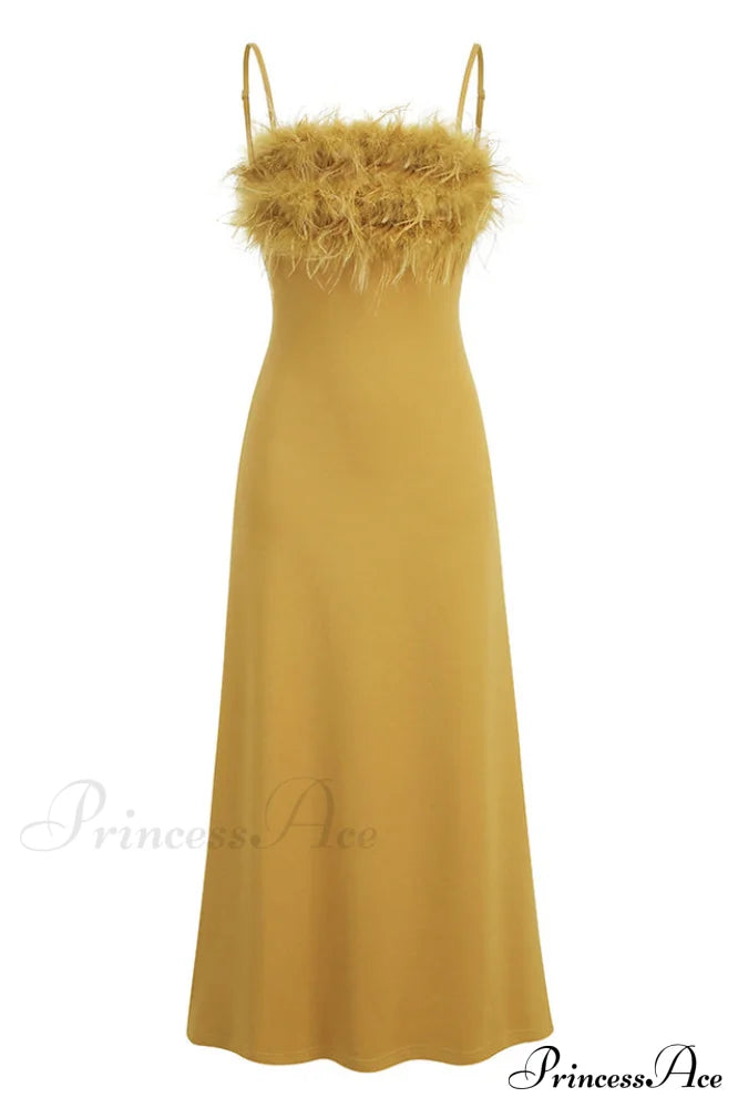 Leighton Yellow Stylish Feather Maxi Dress