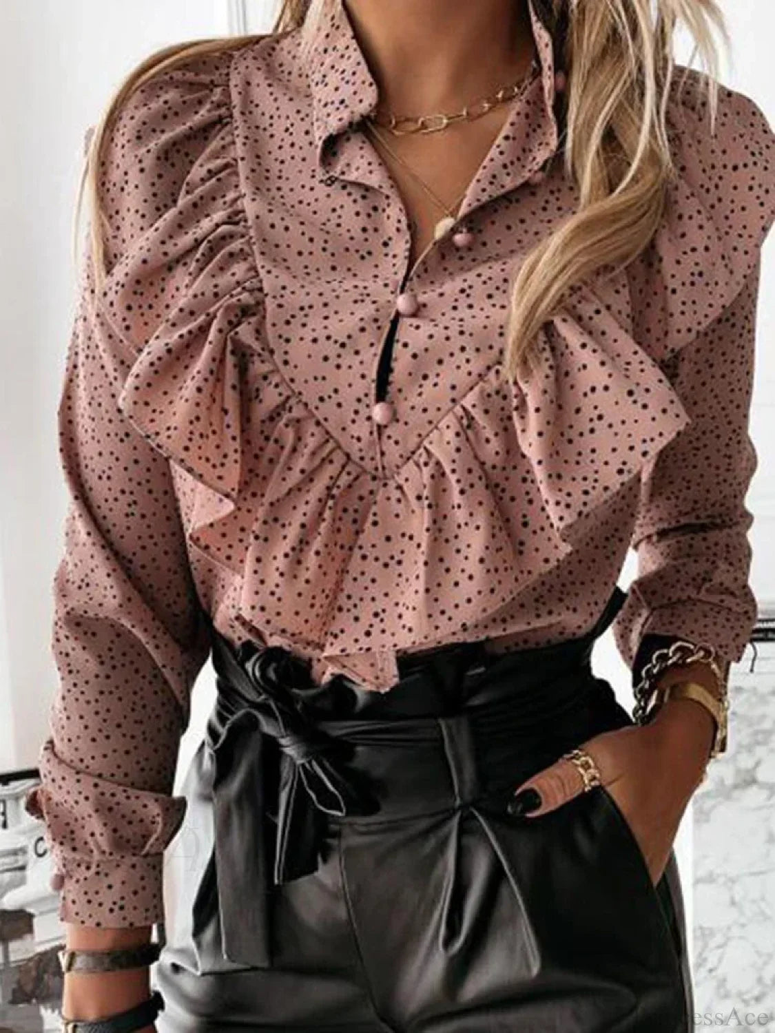 Leopard Dot Print Ruffle V Neck Blouse Pink / S blouse-250126