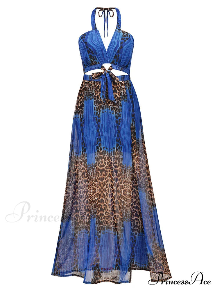 Leopard Print Backless Dress L / Blue Dresses