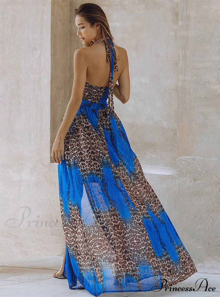 Leopard Print Backless Dress M / Blue Dresses