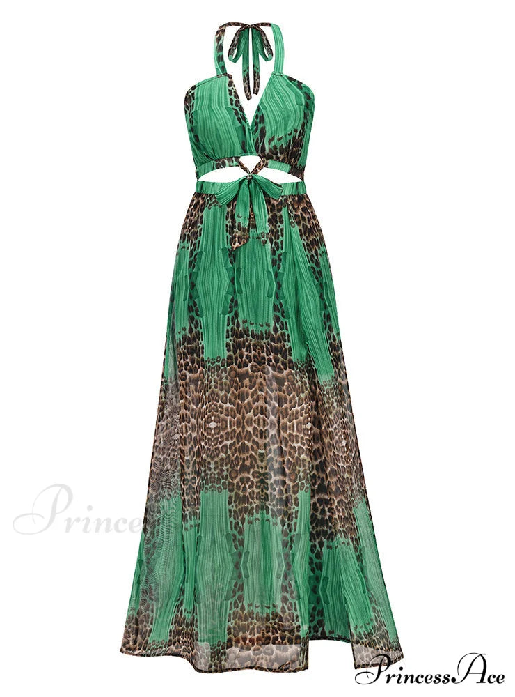 Leopard Print Backless Dress M / Green Dresses