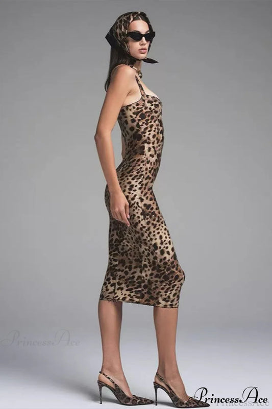 Leopard Print Bodycon Spaghetti Midi Dress