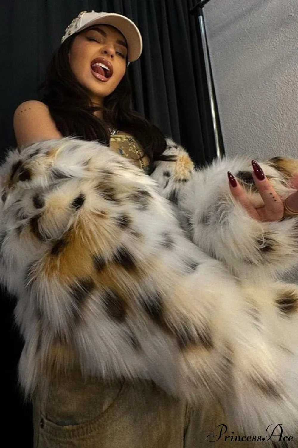 Leopard Print Faux Fur Long-Sleeve Warm Coat