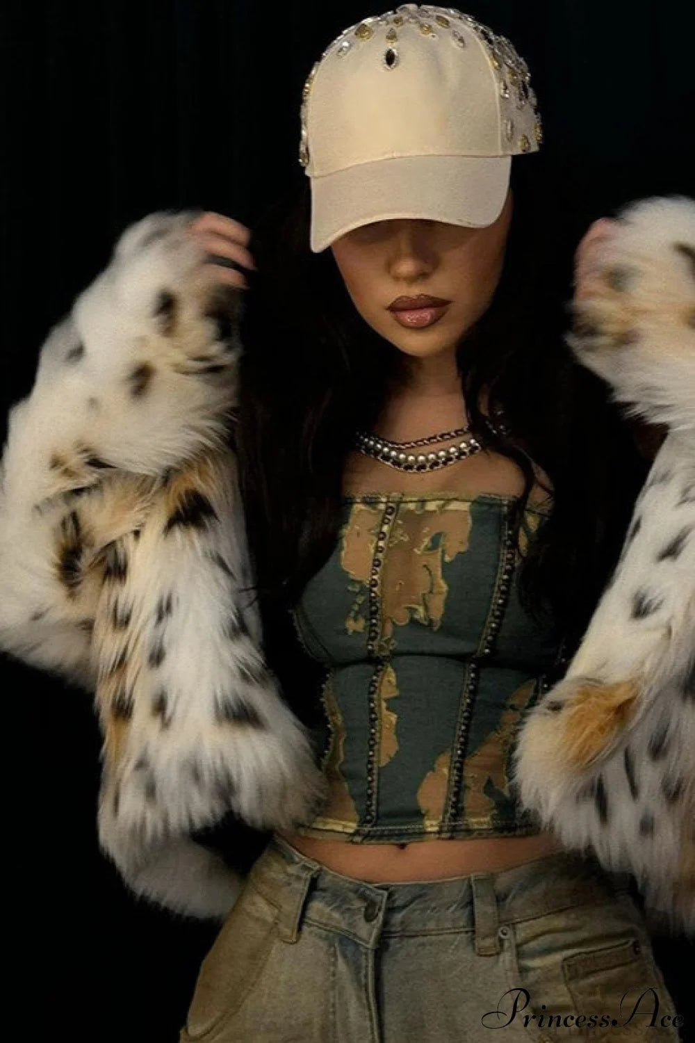 Leopard Print Faux Fur Long-Sleeve Warm Coat Brown / S