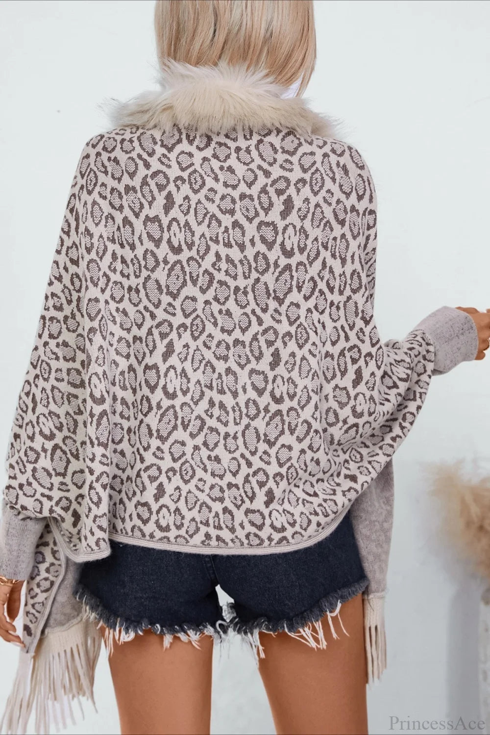 Leopard Print Fur Collar Shawl Batwing Knit Coat Apricot / One Size