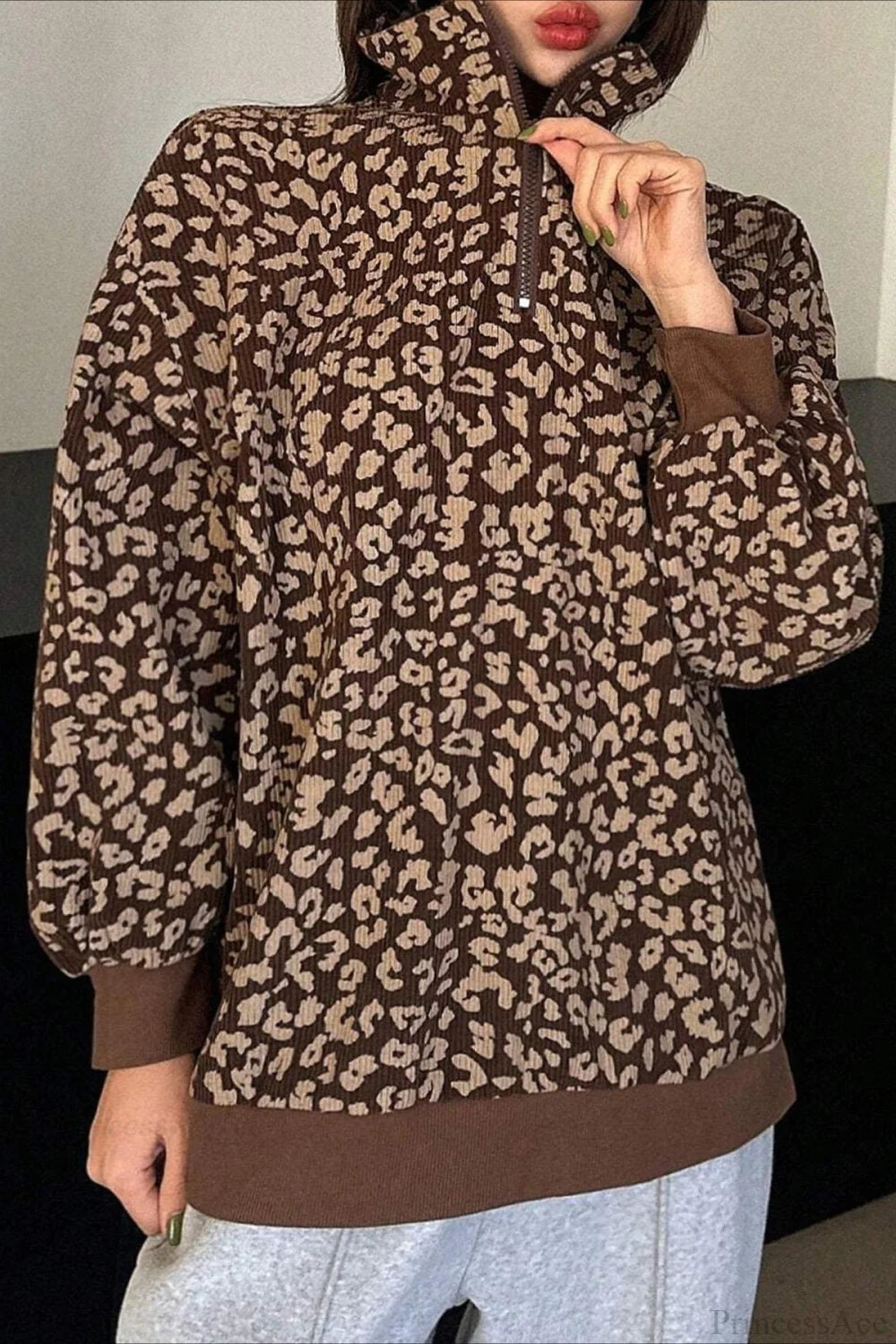 Leopard Print Half-Zip V-Neck Long Sleeve Sweatshirt Brown / S
