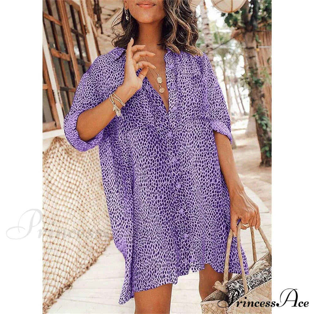Women's Casual Leopard Print Shirt Dress Purple __stock:200 casual dresses clothes dresses refund_fee:1200