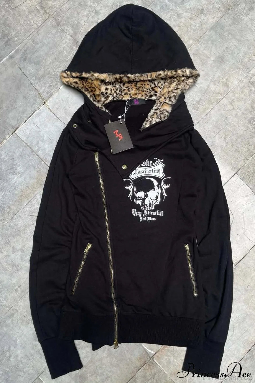 Leopard Print Streetwear Slim Asym Zip Hoodie Black / S