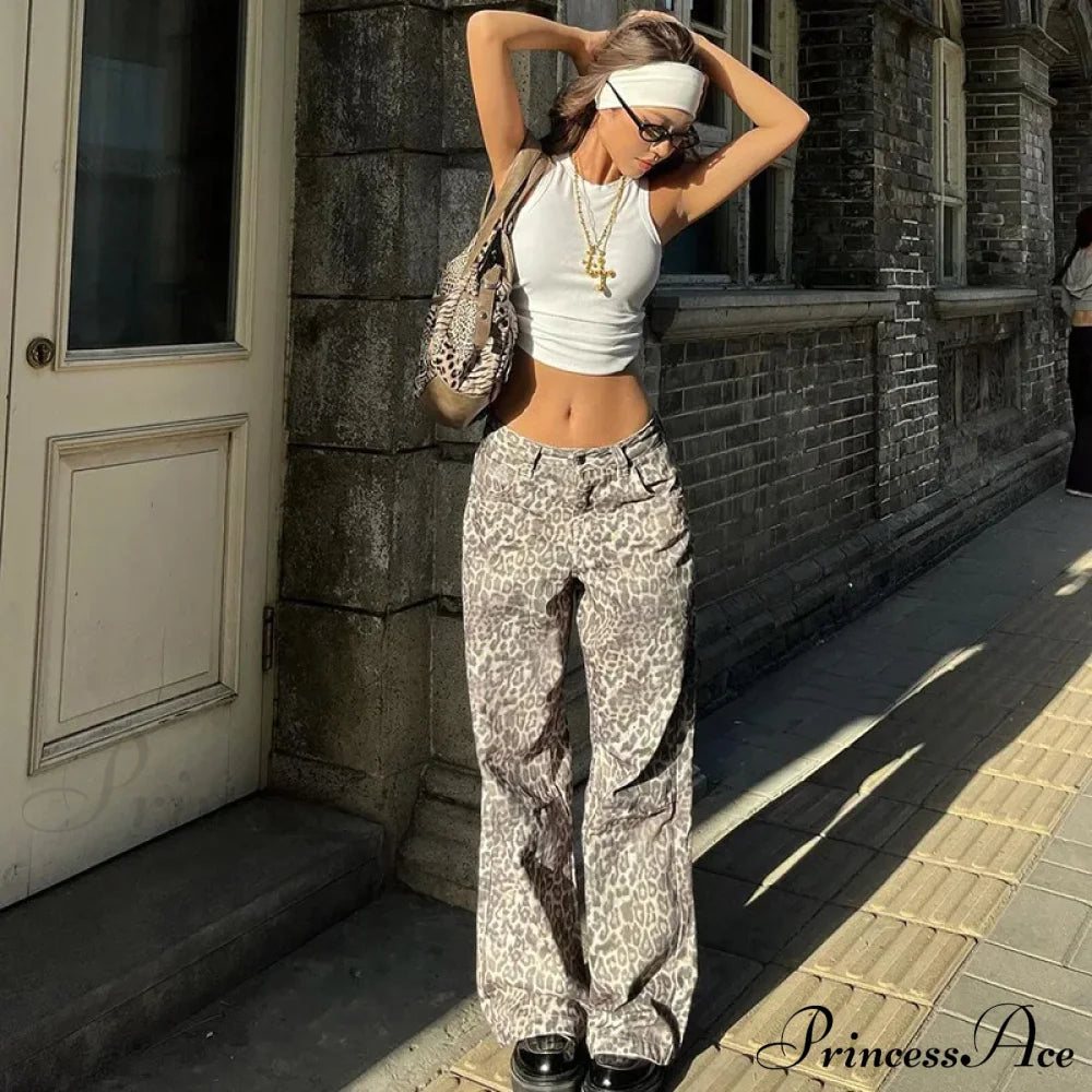Leopard Print Stylish Straight Trousers Long