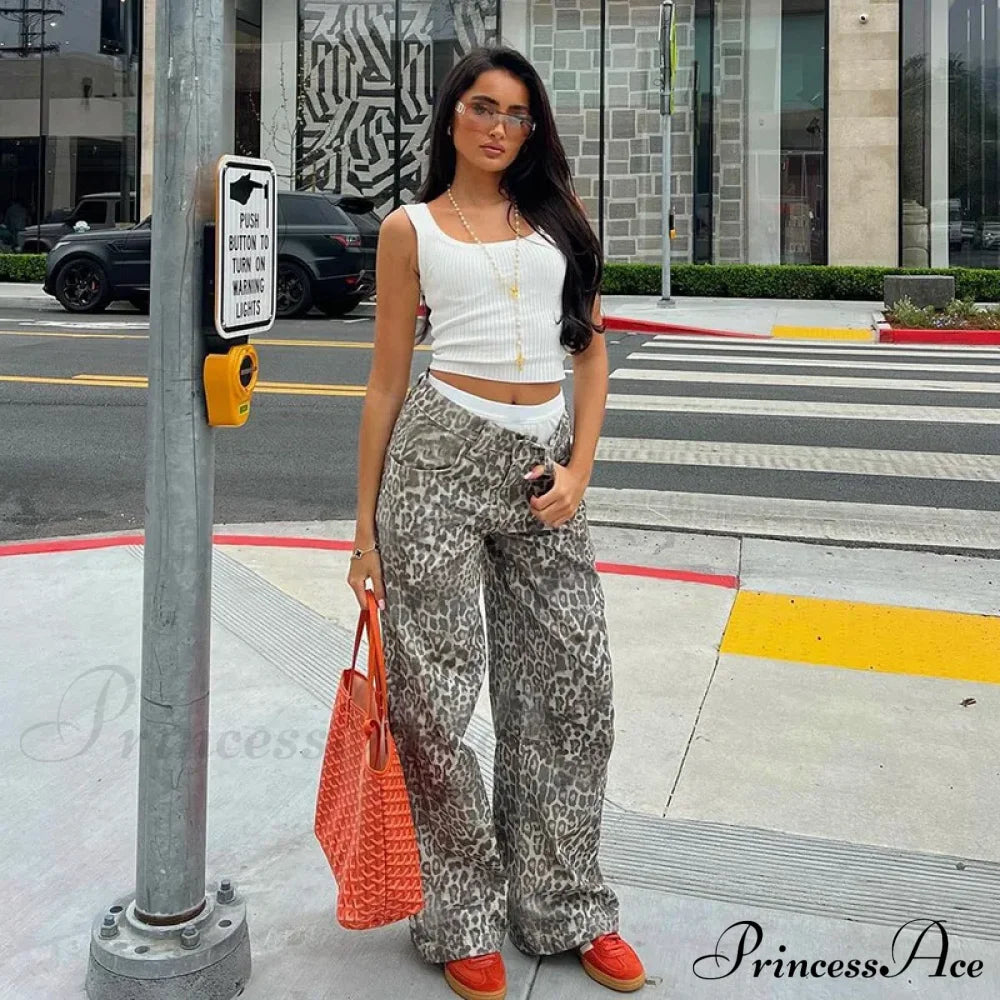 Leopard Print Stylish Straight Trousers Long