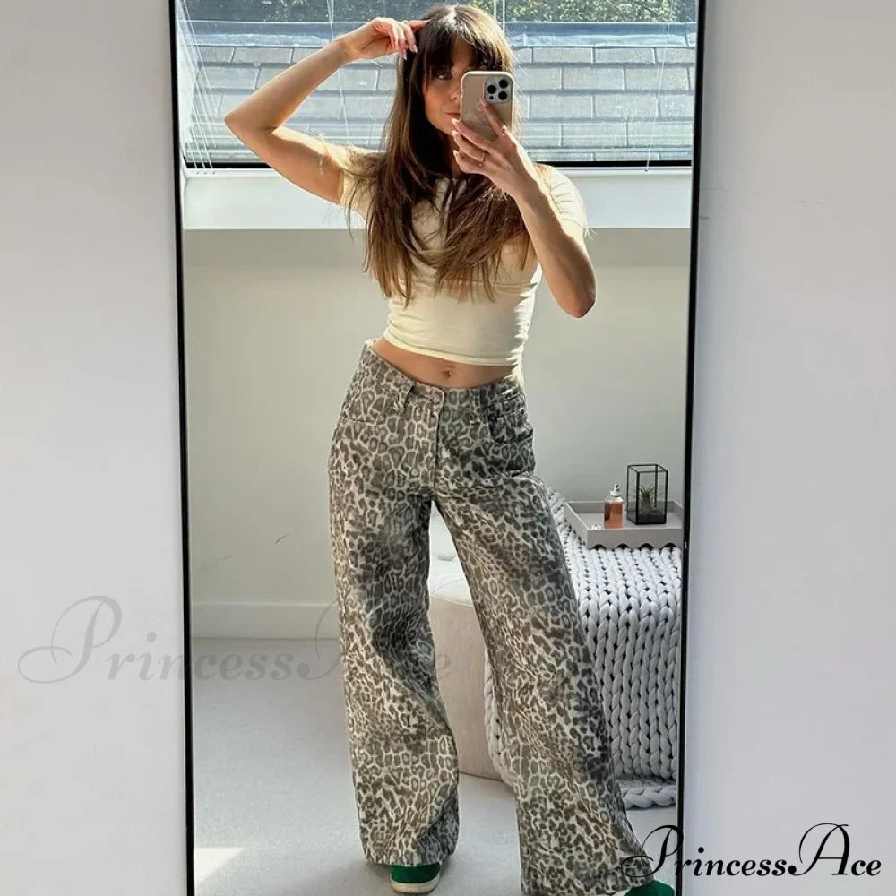 Leopard Print Stylish Straight Trousers Long