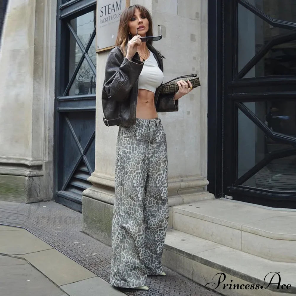 Leopard Print Stylish Straight Trousers Long