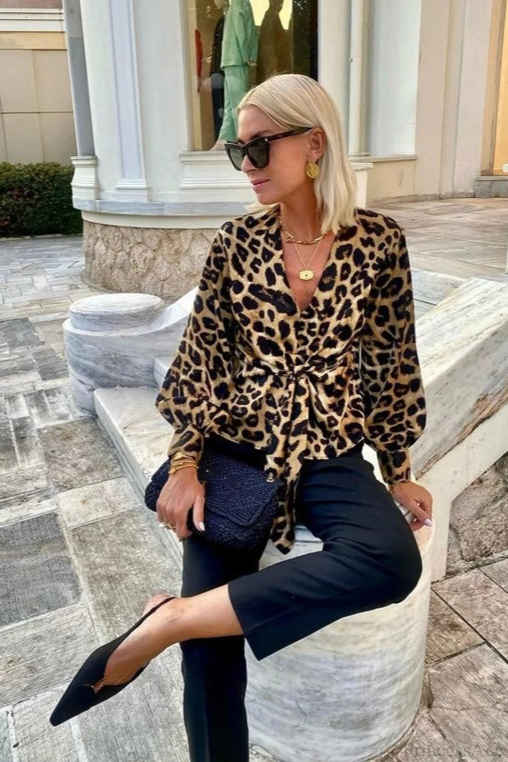 Leopard Print V-Neck Tie Long Sleeve Blouse