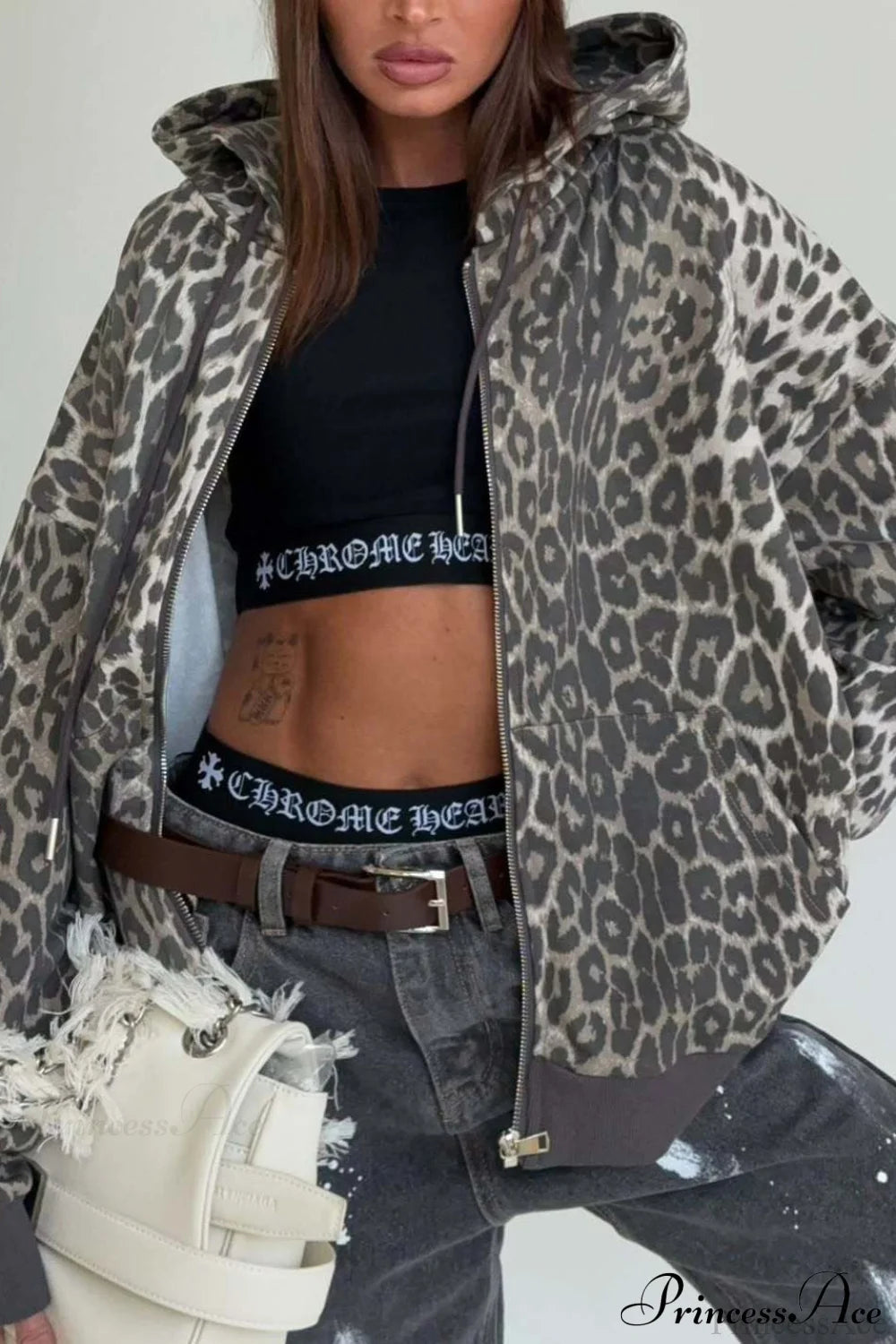 Leopard Print Zip Color-Block Hoodie Dark Brown / S