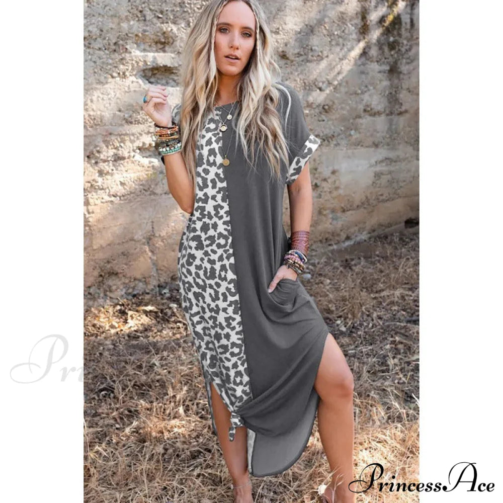 Leopard Split Long Sundress L / Black Leapord Print Maxi Beach Dress