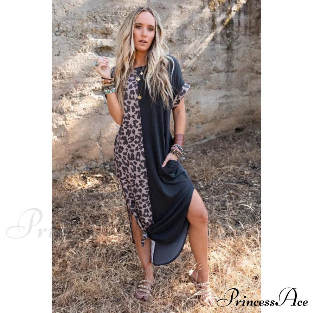 Leopard Split Long Sundress L / Gray Leapord Print Maxi Beach Dress