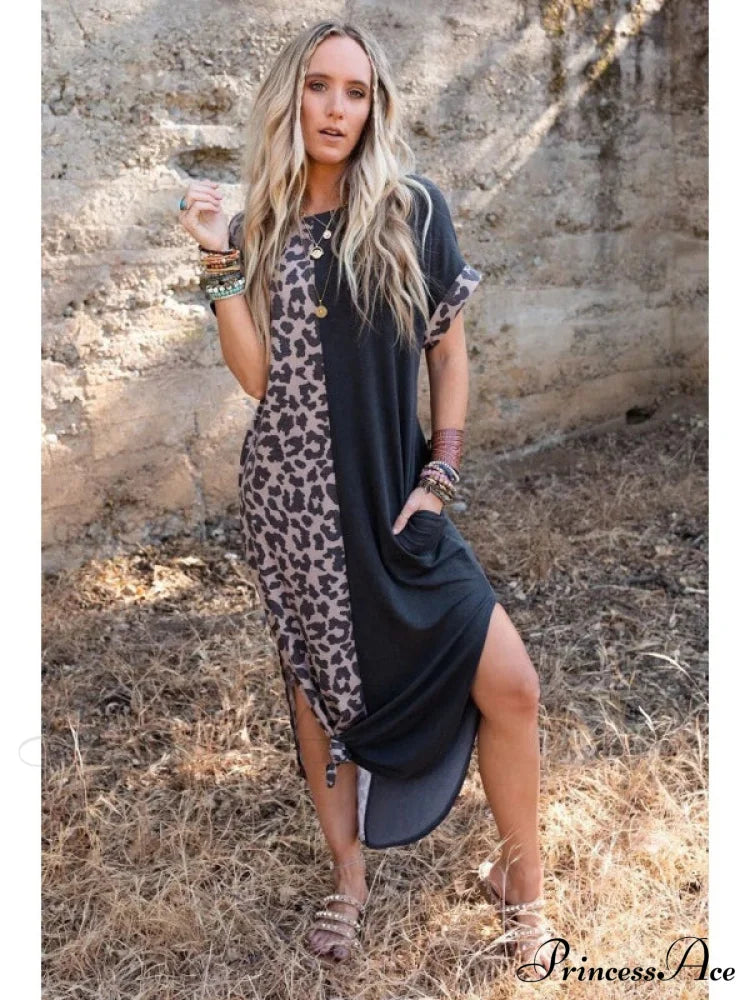 Leopard Split Long Sundress L / Pink Leapord Print Maxi Beach Dress