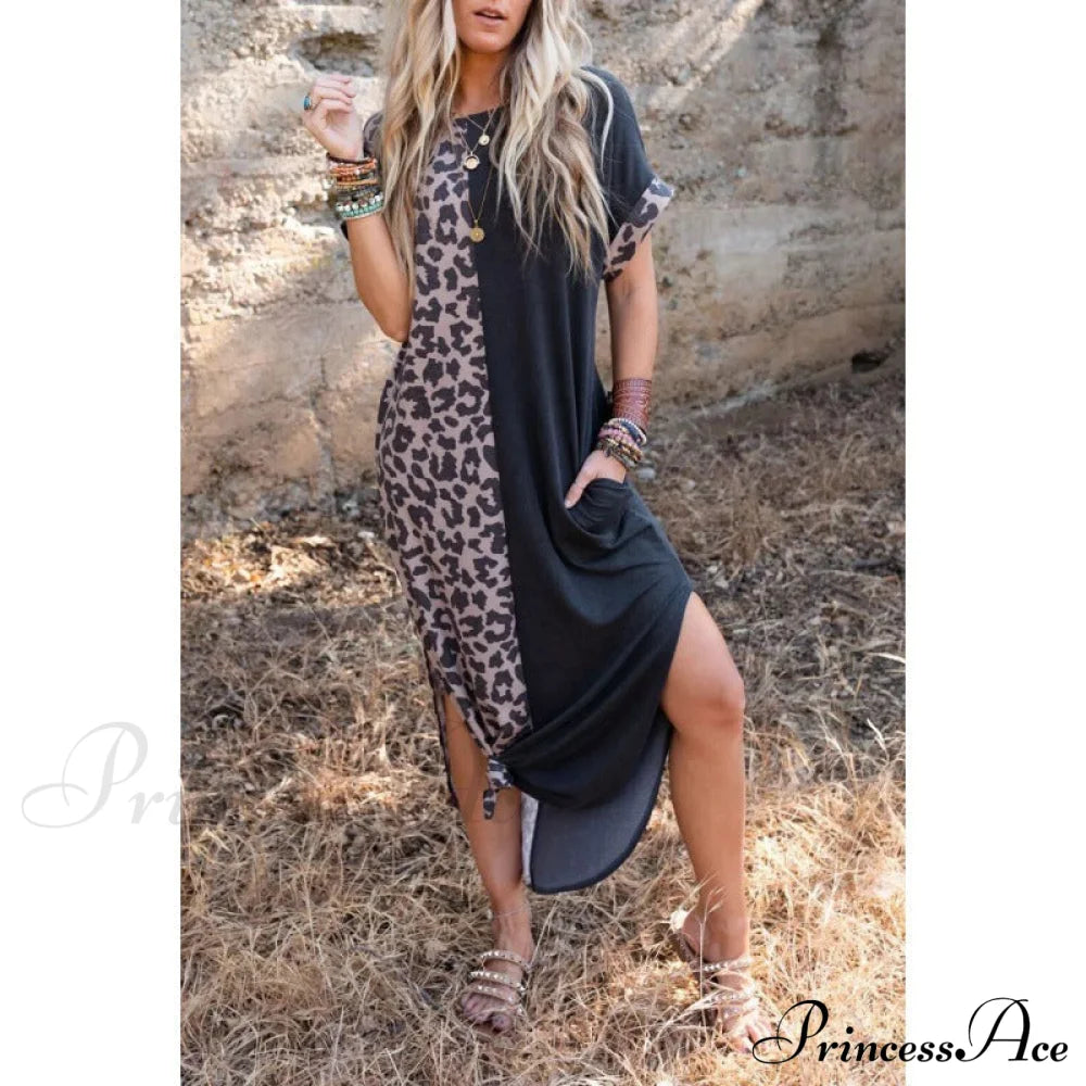 Leopard Split Long Sundress M / Black Leapord Print Maxi Beach Dress