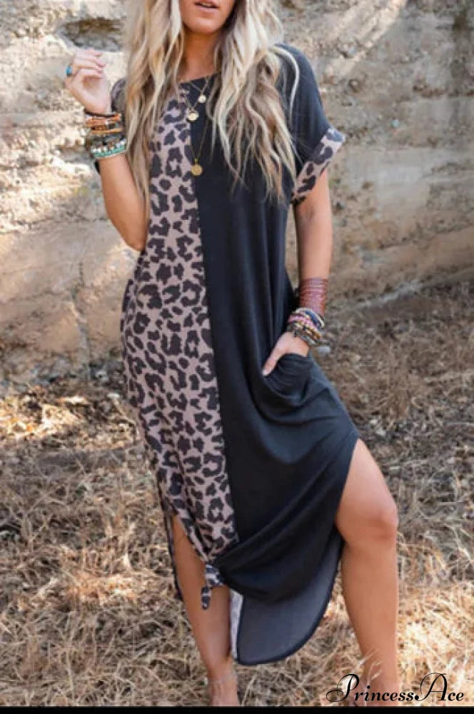 Leopard Split Long Sundress S / Black Leapord Print Maxi Beach Dress
