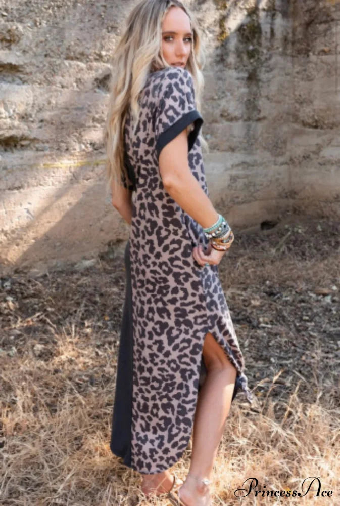 Leopard Split Long Sundress S / Gray Leapord Print Maxi Beach Dress
