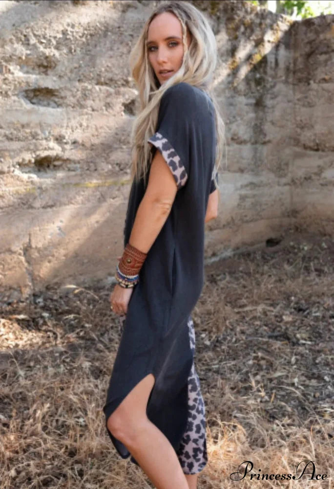 Leopard Split Long Sundress S / Pink Leapord Print Maxi Beach Dress